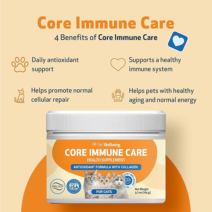 Pet Wellbeing Core Immune Care for Cats of All Ages - Daily Antioxidants, Immune Support, Collagen, Glutathione, Vitamin E - Veterinarian-Formulated Holistic Supplement 3.7 oz (105 g) Powder