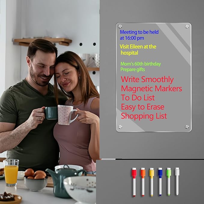 9"X13" Acrylic Dry Erase Board for Refrigerator,Clear Magnetic Dry Erase Board for Fridge,Includes 6 Colors Markers