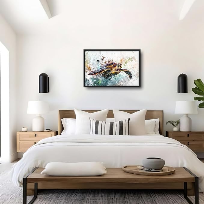 Extra Large Framed Sea Turtle Wall Art,Oversized Abstract Colorful Sea Nautical Wall Decor Pictures for Living Room,Canvas Print Painting Modern Artwork Bedroom Office Bathroom Home Decor 36L x24W
