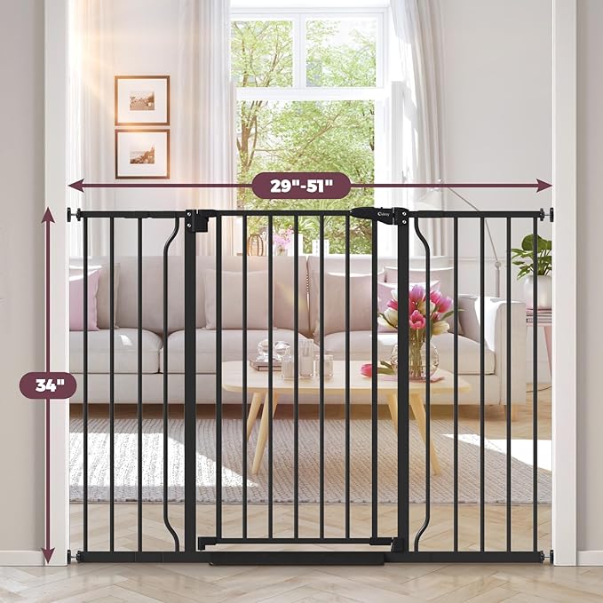 34" Extra Tall Baby Gate for Stairs, Auto Close Stroller Friendly Dog Gate Indoor for Doorways, Pressure Mounted 29"-51" W Baby Gate, Easy Walk Through Gate for Children & Pets, Black