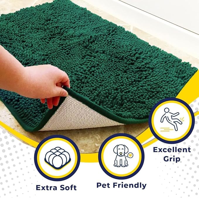 Muddy Mat® AS-SEEN-ON-TV Highly Absorbent Microfiber Dog Door Mat and Pet Rug, Non Slip Thick Washable Area and Bath Mat Soft Chenille for Kitchen Bathroom Bedroom and Indoor - Dark Green XXXL 72"X48"