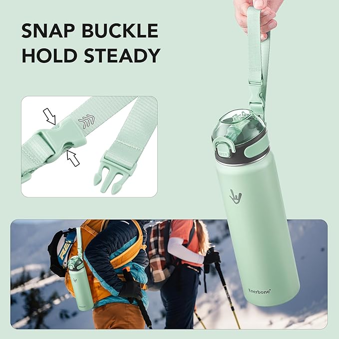 Enerbone 24 oz Insulated Water Bottle, Stainless Steel Bottle with Carrying Strap, Double-Wall Vacuum Insulation Design, Leakproof Sports Bottle with Straw, Keep Drinks Cold or Hot for Hours