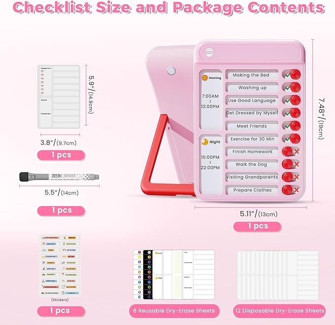 Chore Chart for Kids, Visual Schedule for Kids with Autism, Chart Board with 6 Reusable Sheets, Routine Chart Dry Erase Board for Kids, Magnetic Chore Chart for Fridge, Desk, Home - Pink
