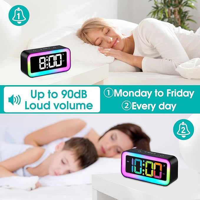 Cadmos Loud Alarm Clock for Bedrooms with Dynamic RGB Night Light,Heavy Sleepers Adults,Dual Alarm,Dimmer,USB Charger,Small Bedside Digital Clock with Led Display for Kids,Teens,Seniors (Black)