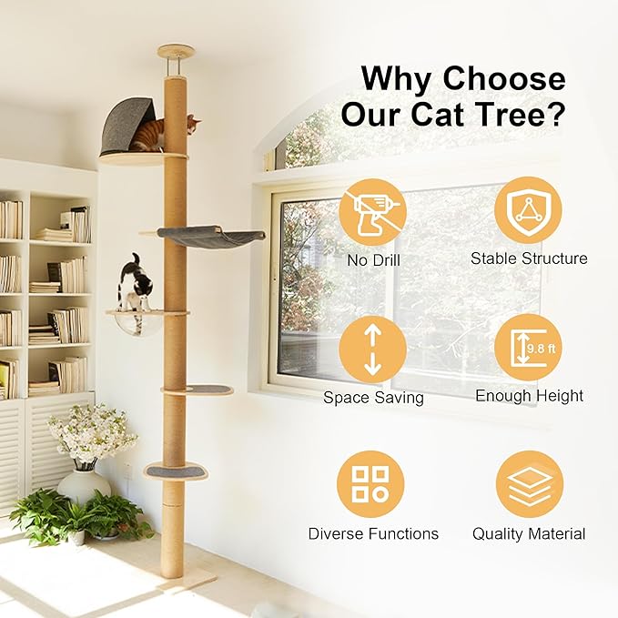 FUKUMARU Floor to Ceiling Cat Tree, 6 Level Adjustable Height (5.7-9.8 ft) Climbing Tower with Thickened Scratching Posts, Cats Activity Center with Transparent Capsule and Cozy Hammock