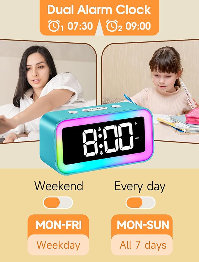 Cadmos Loud Alarm Clock for Bedrooms with Dynamic RGB Night Light,Heavy Sleepers Adults,Dual Alarm,Dimmer,USB Charger,Small Bedside Digital Clock with Led Display for Kids,Teens,Seniors (Blue)