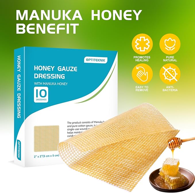 Manuka Honey Gauze Dressing 2"x2" Pack of 10, Manuka Honey Wound Care Bandage for Cuts, Scalds and Burns, Wound Dressing Products