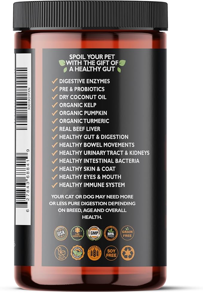 Dog & Cat Premium Probiotic Prebiotic & Digestive Enzymes 5 Billion CFU Organic Turmeric Coconut Oil Pure Pumpkin & Kelp for Healthy Bowels Gut & UTIs Beef Liver Flavor