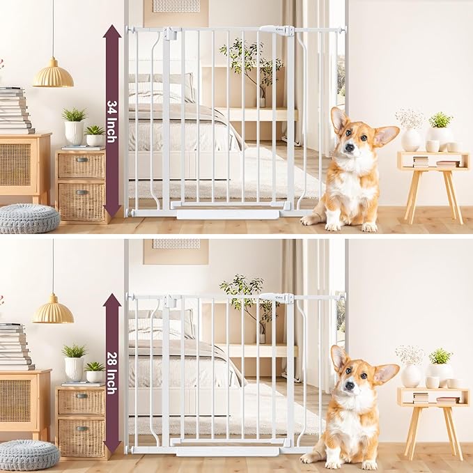 34" Extra Tall Baby Gate for Stairs, Auto Close Stroller Friendly Dog Gate Indoor for Doorways, Pressure Mounted 29"-40" W Baby Gate, Easy Walk Through Gate for Children & Pets, White