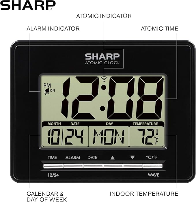 Sharp Atomic Desktop Clock – Auto Set Digital Alarm Clock - Atomic Accuracy - Easy to Read Screen with Time/Date/Temperature Display- Perfect for Nightstand or Desk