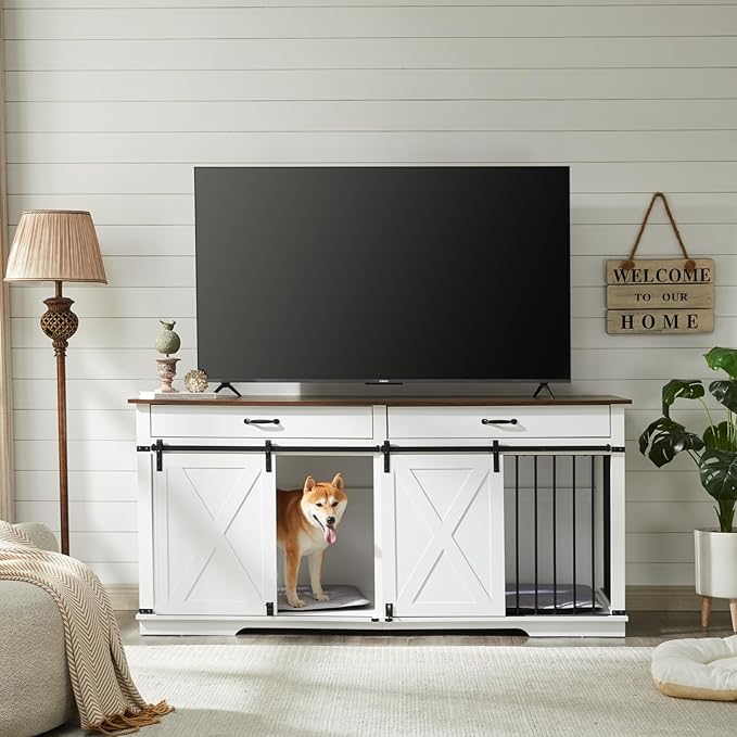 EDYO LIVING 72.5" Large Dog Crate Furniture for 2 Dogs, Wooden Dog Kennel with Drawers, Divider, Sliding Barn Door, Water Resistant Indoor Furniture Style Double Dog Crates, White