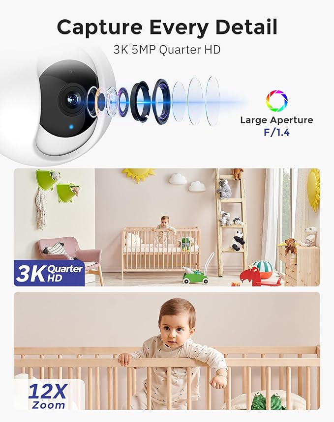 Hugolog 3K 5MP Indoor Pan/Tilt Security Camera with Auto-Focus,2.4 GHZ/5 GHZ,Ideal for Baby Monitor/Pet Camera,Starlight Color Night Vision,Human/Pet AI,Noise Reduction,US Cloud,Works with Alexa