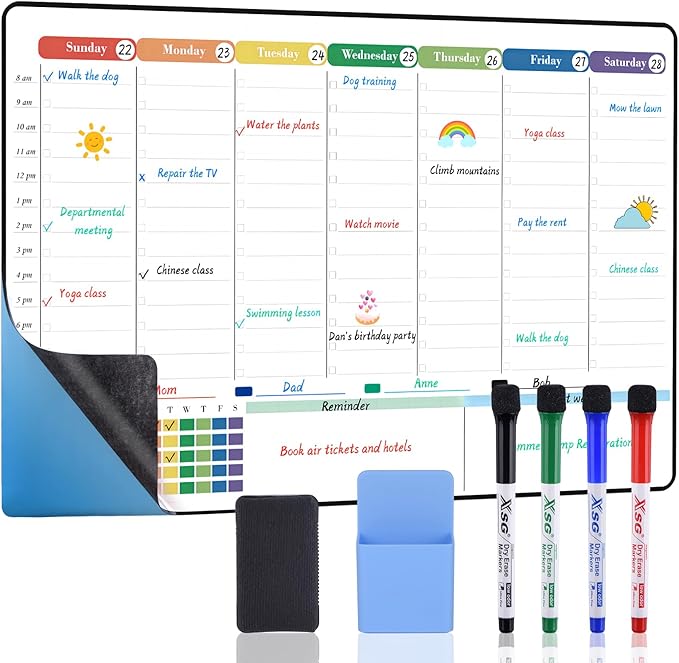 POPRUN Dry Erase Board Weekly Calendar Whiteboard for Wall & Fridge(Any Smooth Surface),Self-Adhesive Schedule Board with Hourly Time Slots,Perfect as Weekly Planner Board for School/Family, 16.5"x11"