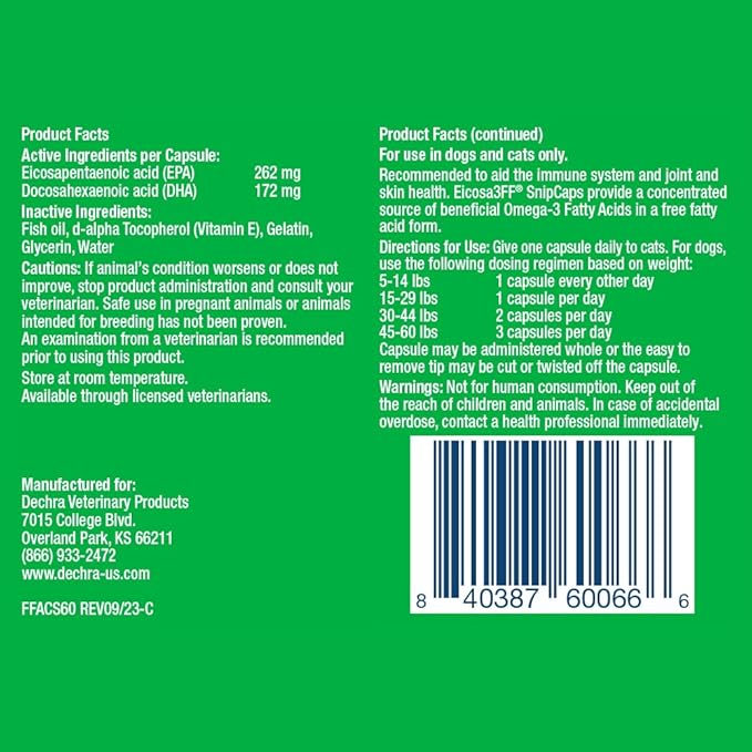 SnipCaps Omega 3 Free Fatty Acid Capsules for Dogs and Cats - Small, 60 ct