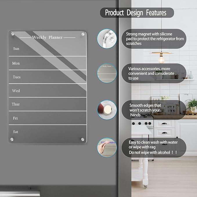 9"x13" Clear Weekly Meal Planner Magnetic Acrylic Board,Acrylic Magnetic Dry Erase Board for Fridge, Magnet Week Calendar for Refrigerator Includes 6 Colors Markers