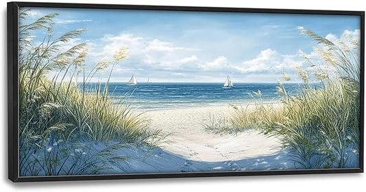 Framed Large Beach Wall Art for Living Room, Oversized Coastal Nautical Wall Decor Sailboat Canvas Seaside Pictures Modern Artwork Home Decoration for Living Room Bedroom Office 60"x30"