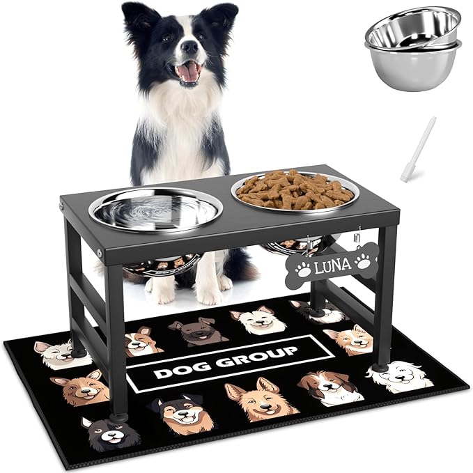 Elevated Dog Bowls, 10" Tall Height, Raised Bowl Stand with 2 Stainless Steel Food Feeder Bowls (58oz) and Spill-Proof Mat for Medium Large and Small Breeds