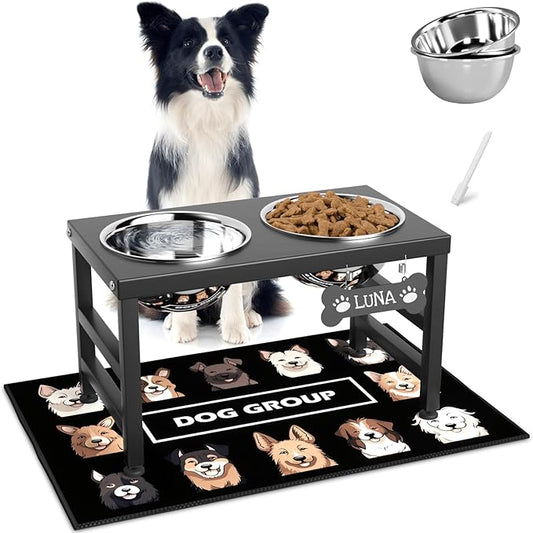 Elevated Dog Bowls, 10" Tall Height, Raised Bowl Stand with 2 Stainless Steel Food Feeder Bowls (58oz) and Spill-Proof Mat for Medium Large and Small Breeds
