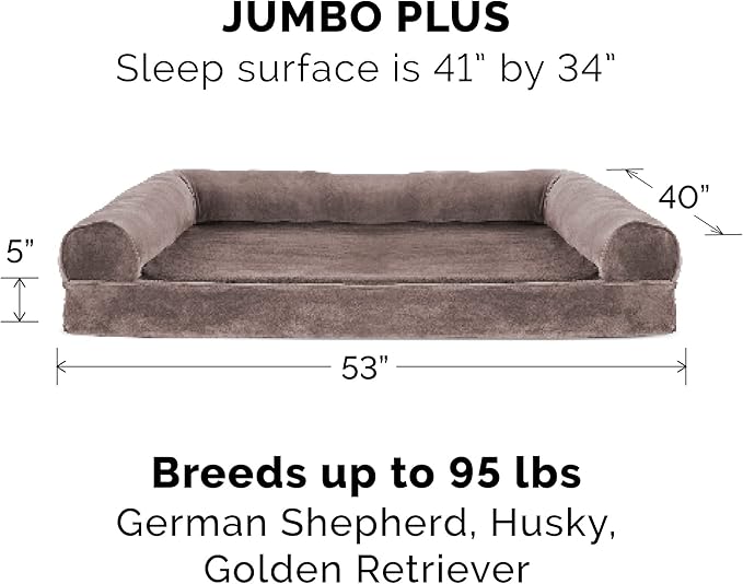 Furhaven Cooling Gel Dog Bed for Large Dogs w/ Removable Bolsters & Washable Cover, For Dogs Up to 125 lbs - Faux Fur & Velvet Sofa - Driftwood Brown, Jumbo Plus/XXL