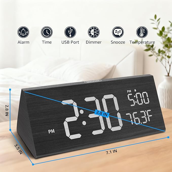 OhM-ega Wooden Digital Alarm Clock, Electric Clocks with Dual USB Port, Large Numbers, Temperature Display, Brightness Dimmer, Sound-Activated Display, Snooze, 12/24H, Black