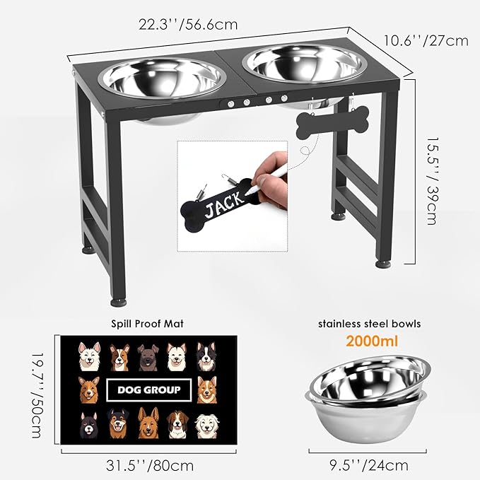 Elevated Dog Bowls,16inch Tall Pet Bowl Holder, Raised Bowl Stand with 2 Stainless Steel Bowls (68oz) and Spill-Proof Mat, Dog Feeder for Large Extra Large Breeds