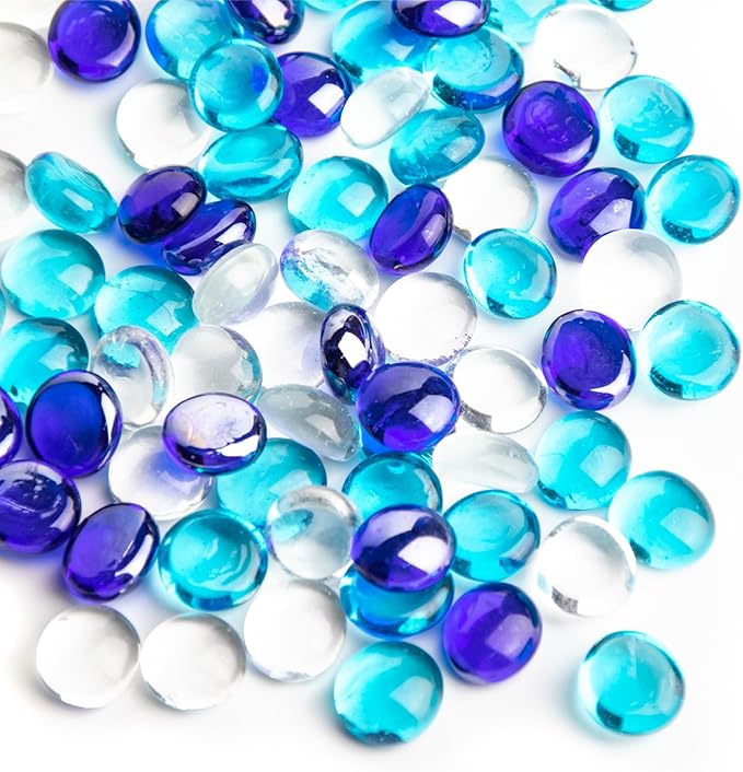 1 LB Blue Mix Color Glass Marbles, Mini Flat Glass Beads~150PCS for Vase Fillers, Floral Bottom Mancala Gems Pebbles Fish Tank Rocks for Table Aquarium,Home Decor Art Craft Supplies(0.5"~0.7")