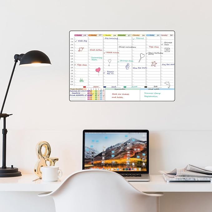 POPRUN Weekly Dry Erase Calendar for Wall & Glass & Wooden, Non-Magnetic Planning Board with Time Slots, Self-Adhesive Wall Schedule Board for Home and Office, 23.6" × 15.7"