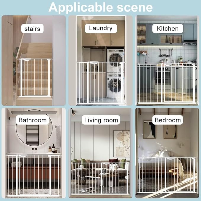WAOWAO Triple Lock Baby Gate Extra Wide 44.48-48.42" Pressure Mounted Walk Through Swing Auto Close Safety White Metal Child Kids Dog Pet Puppy for Stairs,Doorways