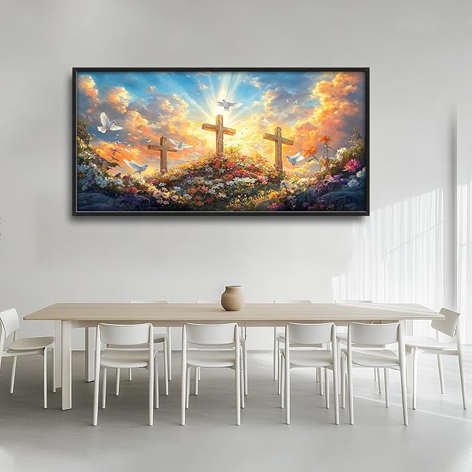 Framed Large Christian Jesus Wall Art, Oversized Floral Dove Wall Decor for Living Room, Landscape Canvas Painting Peaceful Pictures Modern Artwork for Living Room Bedroom Office 60"x30"