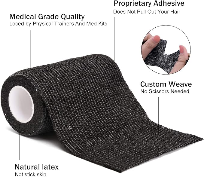 TOBWOLF 12PCS Self Adherent Bandage, 4" x5yd / 10cmx4.5m Cohesive Elastic Bandage Wrap, Breathable Sports Tape for Wrist Ankle Knee Leg Sprains Swelling - Black