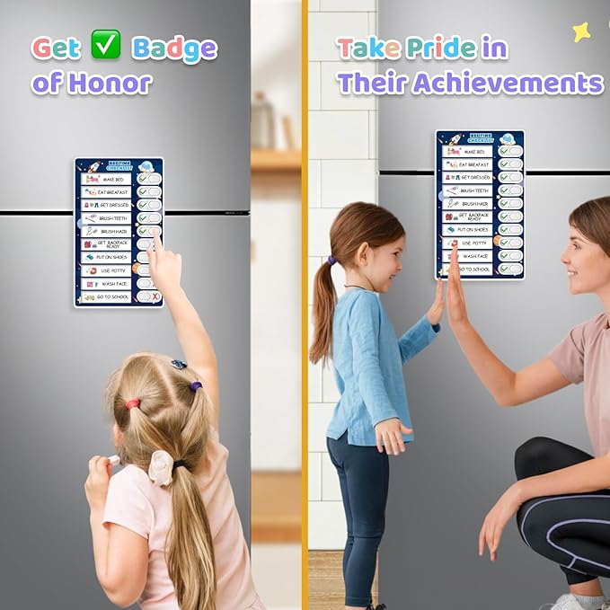 3 in 1 Bedtime/Morning/Weekly Astronaut Routine Chart for Kids, Magnetic Chore Chart for Toddlers, Visual Schedule for Kids Toddlers Schedule Board for Home