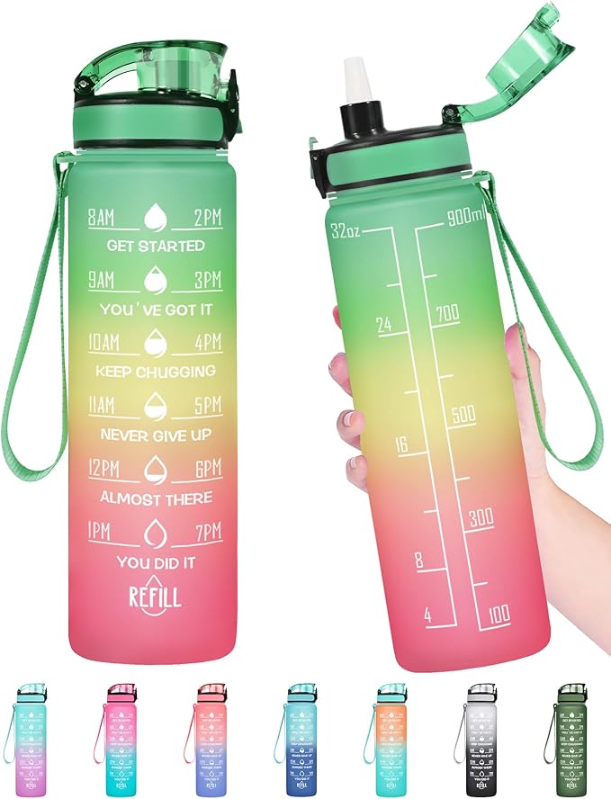 Enerbone Water Bottle, Leakproof BPA & Toxic Free, Motivational Water Bottle with Times to Drink and Straw, Fitness Sports Water Bottle with Strap for Office, Gym, Outdoor Sports