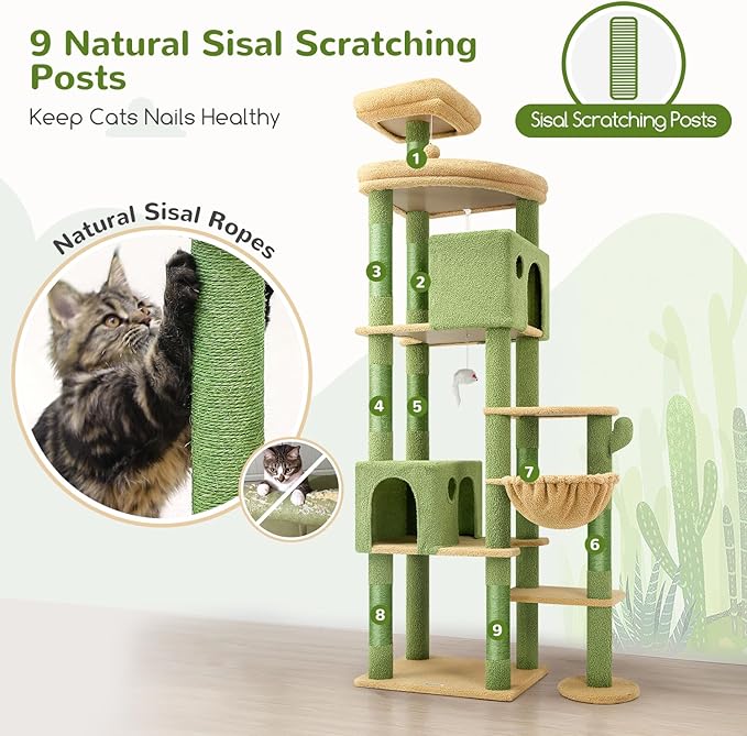 Globlazer Cactus Giant Cat Tree, 83 inch Cat Tree for Indoor Cats Large Adult, XXL Cat Tower with 9 Scratching Posts for 20lb+ Heavy Duty Large Adult Cats, F83, Green