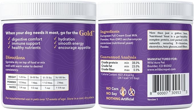 Wild Acre Goat Milk Powder for Dogs - Complete Protein Goat Milk with Nutritional Yeast for Sensitive Stomachs - Gentle Probiotic & Prebiotic Protein for Dogs, Puppies and Cats - 7oz