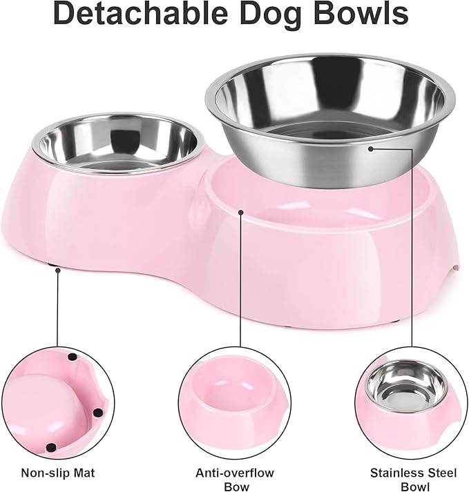 Elevated Dog Bowls Set - Non-Slip Raised Pet Feeder with Medium (10 oz) & Large (20 oz) Stainless Steel Bowls - Includes Durable Resin Stand for Puppies, Adult Dogs & Cats - Pink