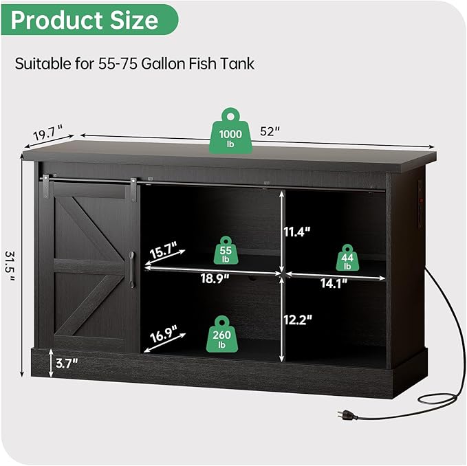 Fish Tank Stand Up to 75 Gallon, Aquarium Stand with Sliding Barn Doors & Power Outlet, Black Farmhouse Style Stand with Cabinet Storage for Fish Tank, Turtle Tank, Reptile Terrarium,1000LBS Capacity