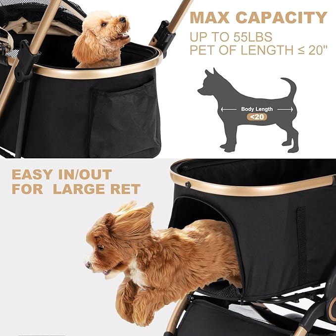 3 in 1 Pet Stroller with 4 Wheels, Foldable Pet Travel Carrier for Small/Medium Dogs Cats up to 50lbs, Detachble Portable Pet Bag, Storage Basket