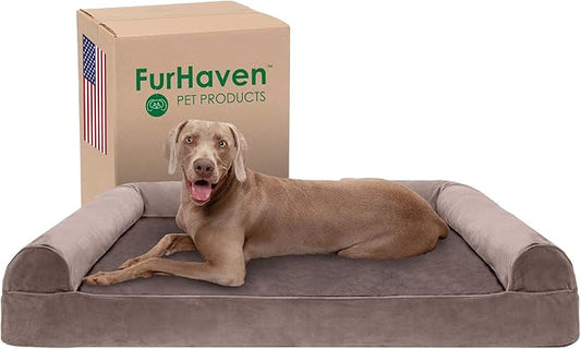 Furhaven Cooling Gel Dog Bed for Large Dogs w/ Removable Bolsters & Washable Cover, For Dogs Up to 125 lbs - Faux Fur & Velvet Sofa - Driftwood Brown, Jumbo Plus/XXL