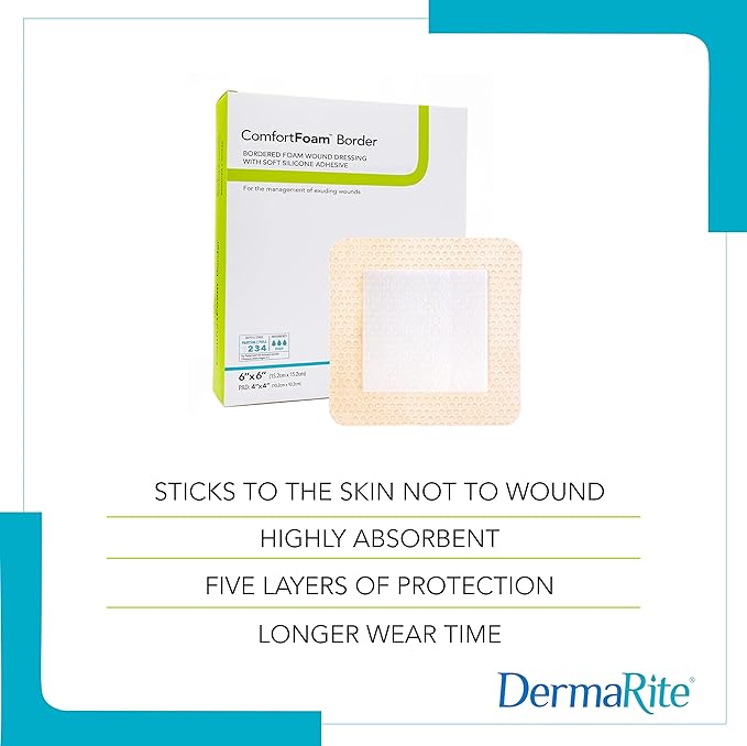 DermaRite's ComfortFoam Border, Foam Wound Dressing - Flexible and Soft Silicone, Self Adhesive, No Natural Rubber Latex - 4 in. x 4 in., 1 Count, 10 Packs, 10 Total