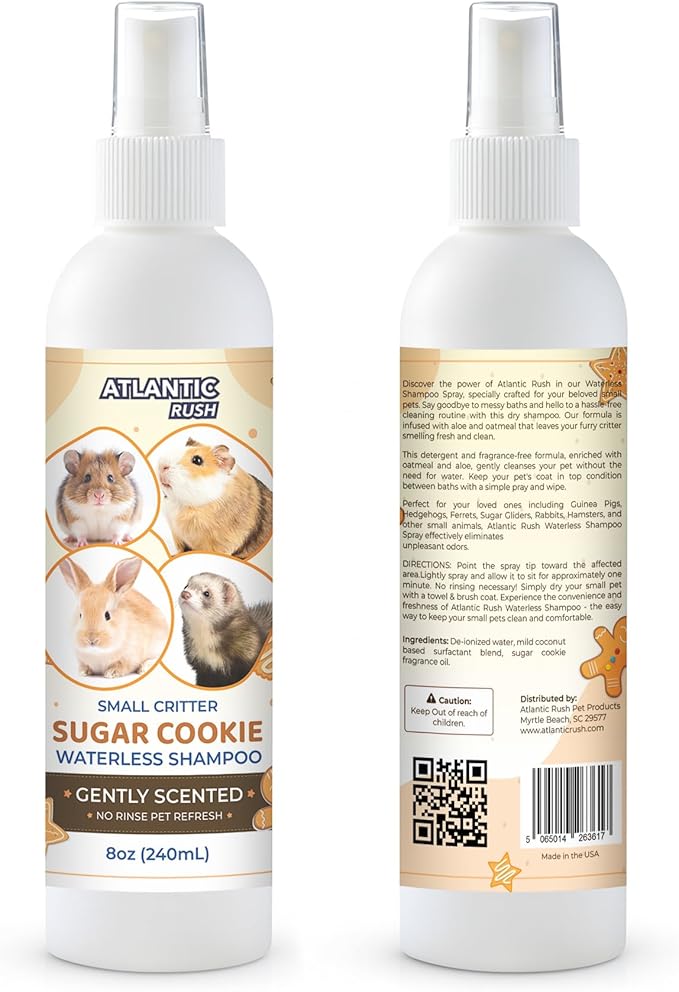 Waterless Shampoo for Small Critters - 8oz Cruelty Free Dry Shampoo - No Rinse for Pet Ferrets, Guinea Pigs, Hedgehogs, Sugar Gliders, Rabbits & Hamsters (8 oz, Sugar Cookie Lightly Scented)