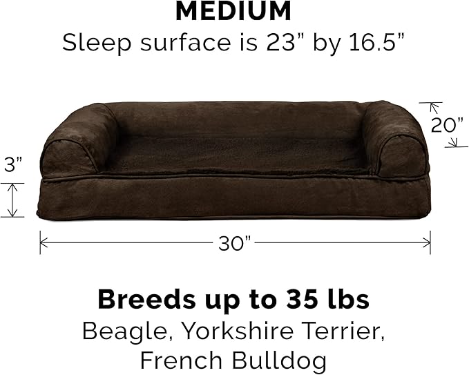 Furhaven Orthopedic Dog Bed for Medium/Small Dogs w/ Removable Bolsters & Washable Cover, For Dogs Up to 35 lbs - Plush & Suede Sofa - Espresso, Medium