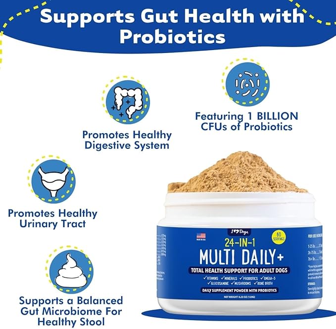 iHeartDogs 24-in-1 Adult Dog Multivitamin Daily+ Total Health Support Powder with Probiotics, Omega-3, Glucosamine, Mushrooms & Bone Broth - 60 Servings