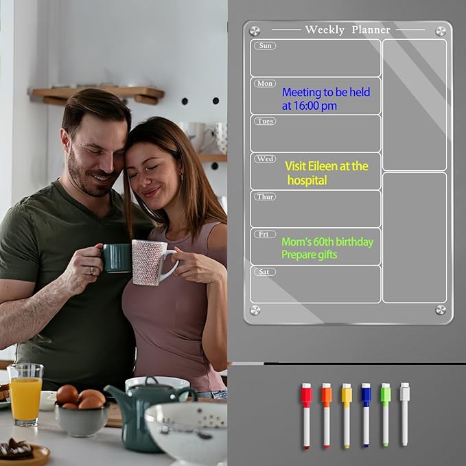 9"X13" Acrylic Weekly Planner for Fridge,Clear Meal Planner for Refrigerator,Magnet Weekly Calendar for Fridge,Acrylic Magnetic Menu Board for Kitchen with 6 Markers