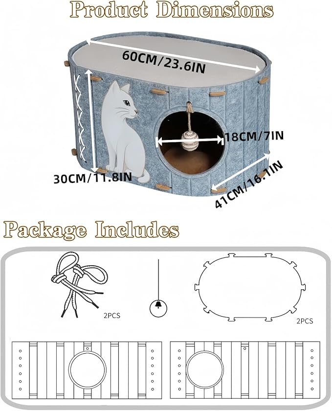 2-in-1 Large Cat House for Indoor Cats, Felt Cat Cave with Cushion, Dual Entrances & Sisal Ball Toy, Enclosed Bed for Large Cats or Multi-Cat Use, Supports 88 lbs
