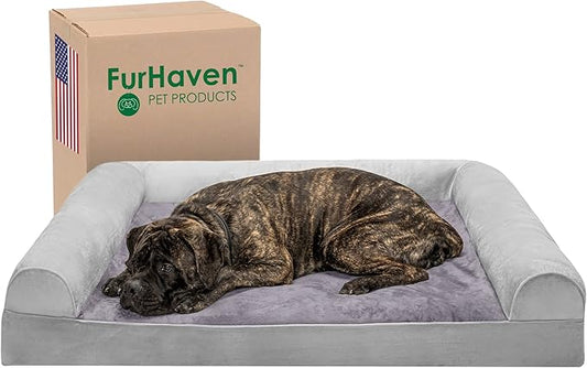 Furhaven Orthopedic Dog Bed for Large Dogs w/ Removable Bolsters & Washable Cover, For Dogs Up to 125 lbs - Faux Fur & Velvet Sofa - Smoke Gray, Jumbo Plus/XXL