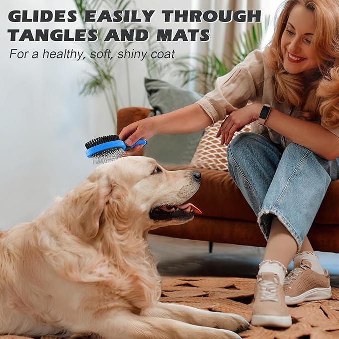 2PCS Pet Grooming Tools - Double-Sided Brush for Shedding and Bathing, Suitable for Short/Long Haired Dogs Cats and Horses, Deshedding Dog Brush, Mane & Tail Combs for Horses - Pet Supplies (Blue)