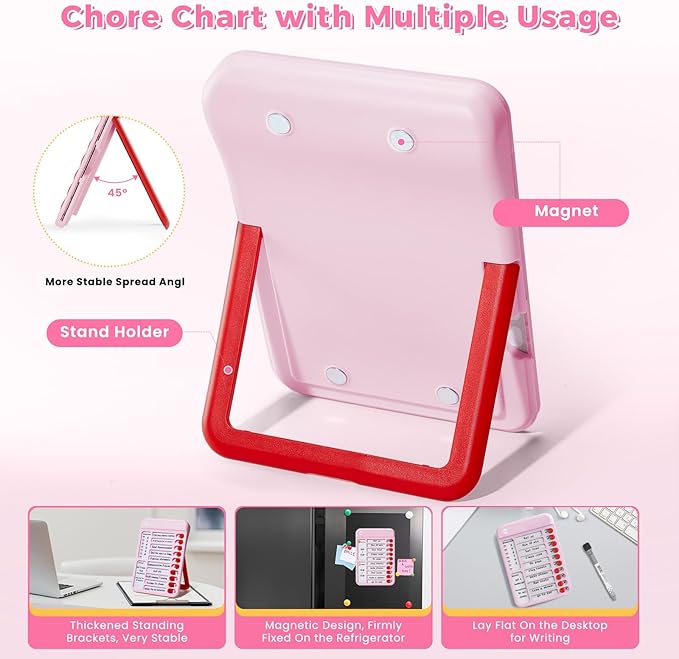Chore Chart for Kids, Visual Schedule for Kids with Autism, Chart Board with 6 Reusable Sheets, Routine Chart Dry Erase Board for Kids, Magnetic Chore Chart for Fridge, Desk, Home - Pink
