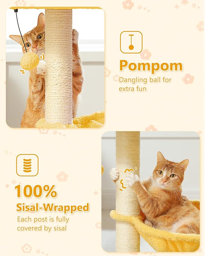 28" Flower Cat Tree Cute with Flower Top Perch, Large Hammock for Indoor Small Cats, Small Cat Tower with Cute Scratching Post and Fur Toy Ball for Kittens, Yellow