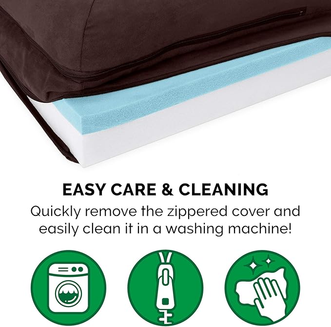 Furhaven Cooling Gel Dog Bed for Large/Medium Dogs w/ Removable Bolsters & Washable Cover, For Dogs Up to 55 lbs - Two-Tone Plush Faux Fur & Suede L Shaped Chaise - Espresso, Large