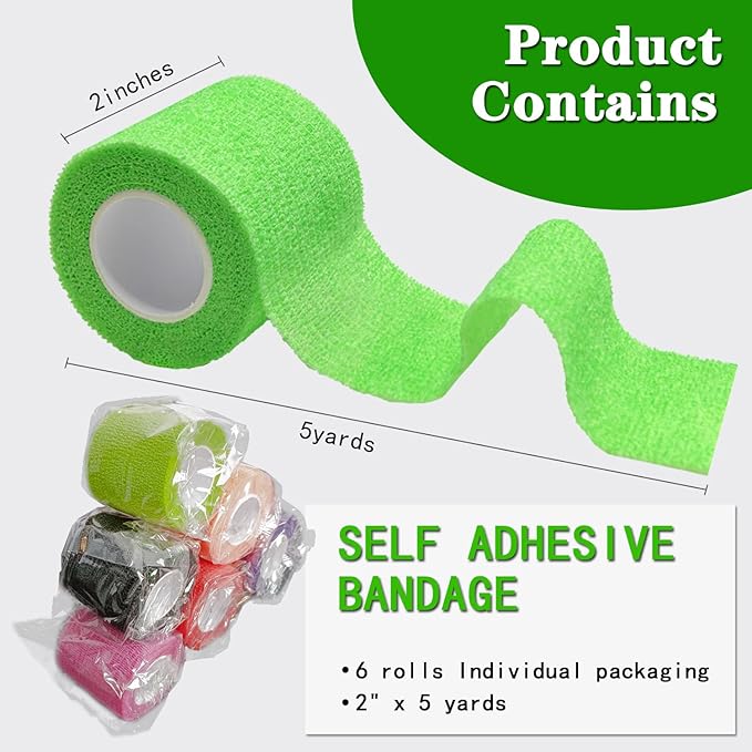 Self Adhesive Tape Wrap- 6 Rolls,Non-Woven Self Adherent Vet Wrap Tape,2in x 5Yard | Cohesive Bandage Tape for Wrist & Ankle,Elastic Grip Cover (6Colors-6ROLLS)